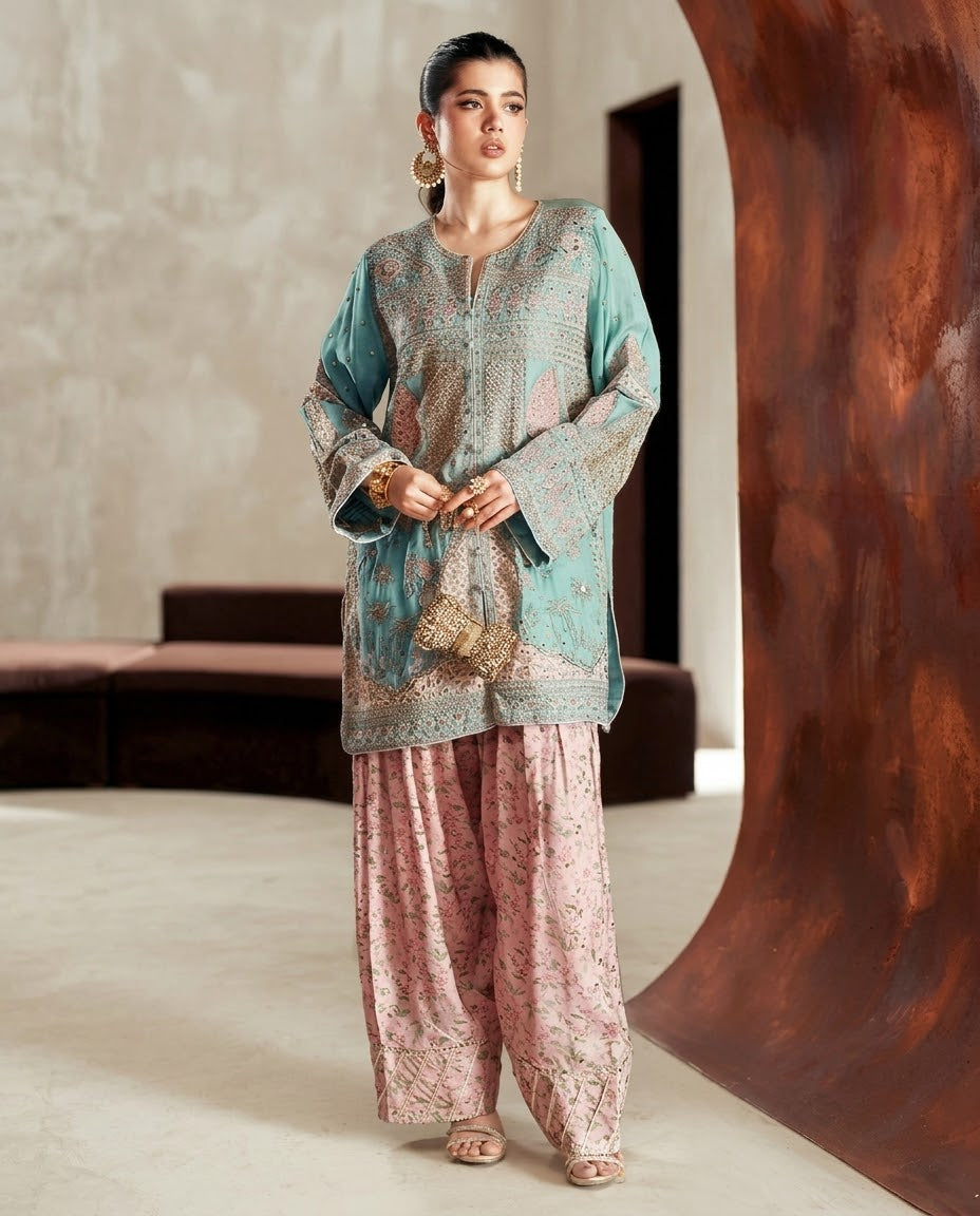 Ethnc Ice Green Embroided Micro Velvet 2Pc Hit Code E-719