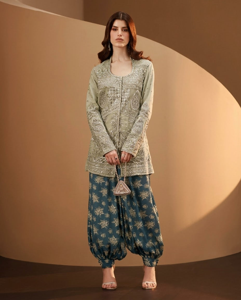 Ethnc Light Oatmeal Embroided Micro Velvet 2Pc Hit Code E-1109