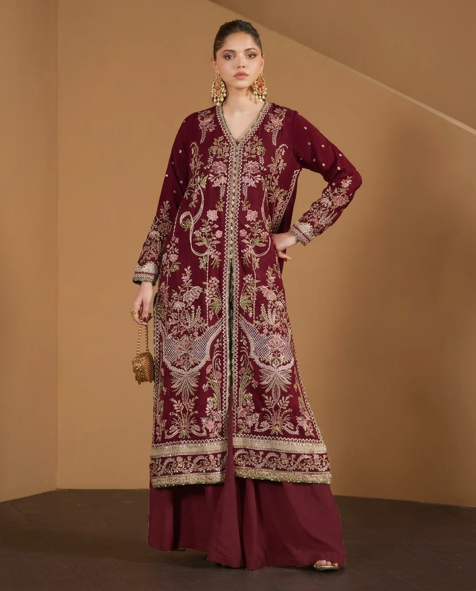 Ethnc Cheery Red Embroided Micro Velvet 2 Pc Hit Code E-1212