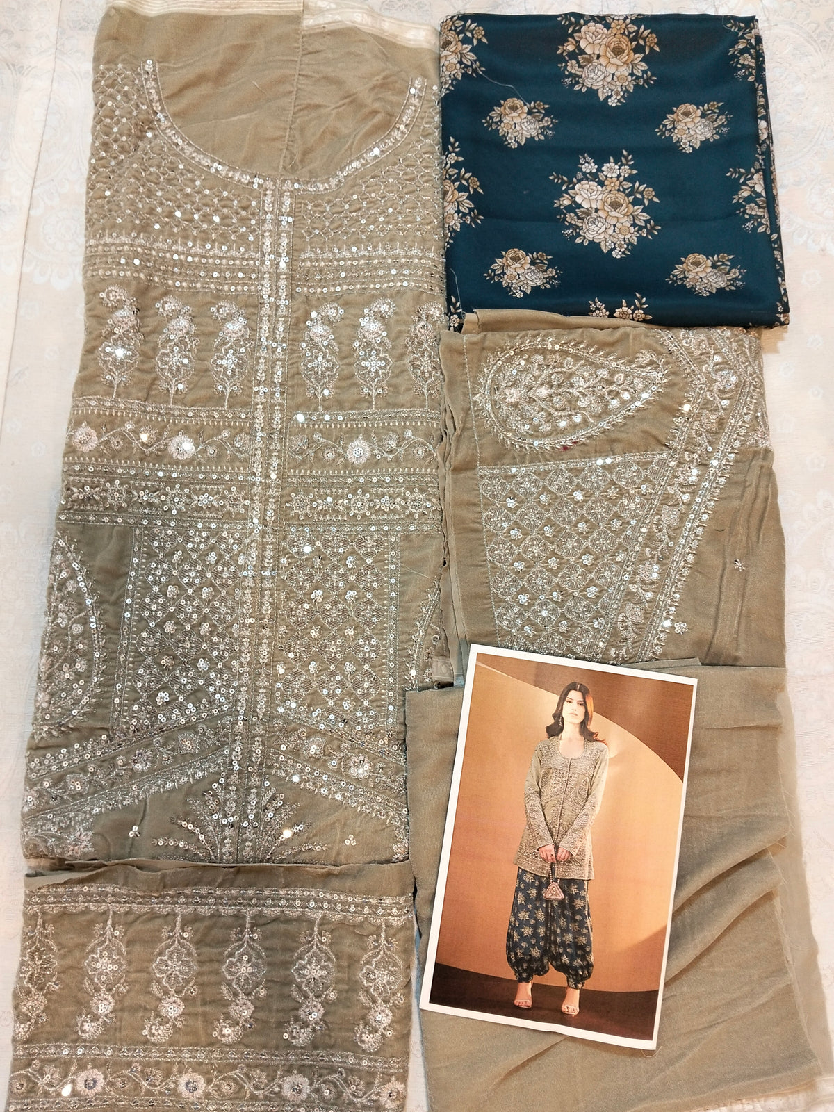 Ethnc Light Oatmeal Embroided Micro Velvet 2Pc Hit Code E-1109