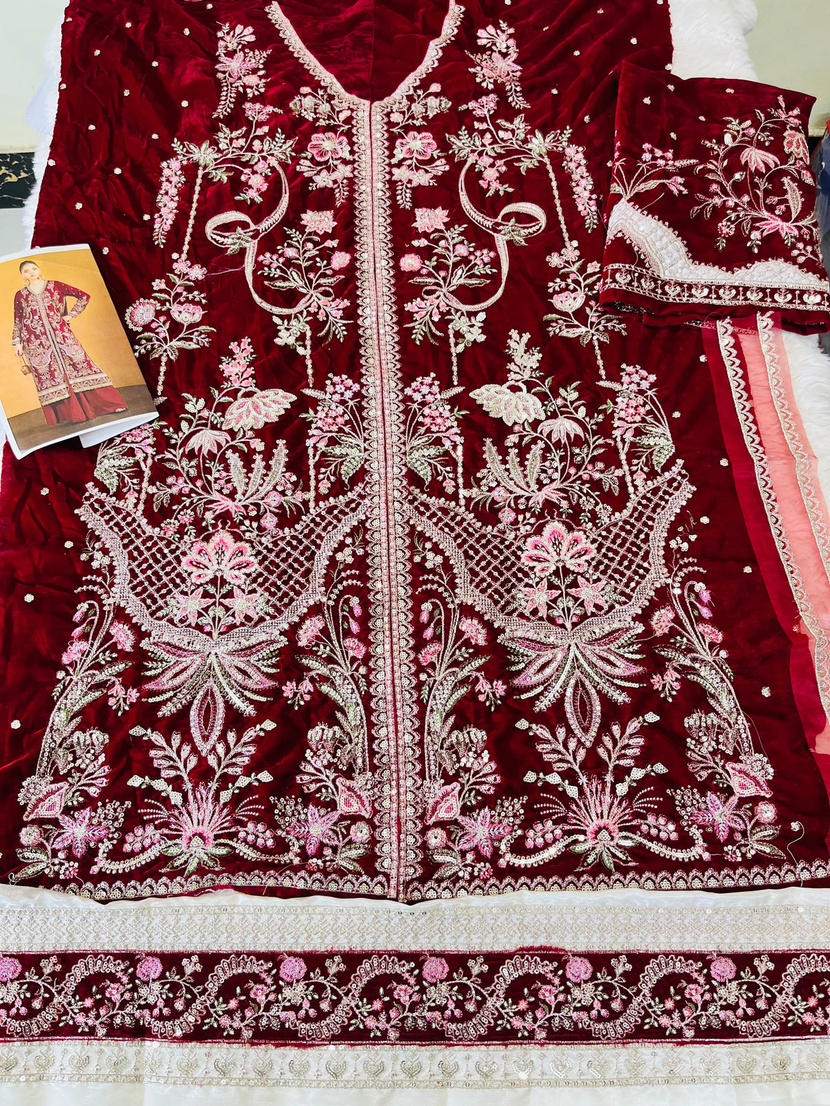 Ethnc Cheery Red Embroided Micro Velvet 2 Pc Hit Code E-1212
