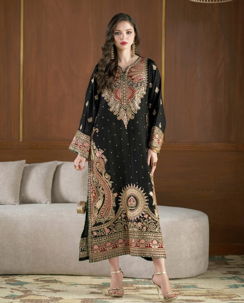 Ethnc Micro Velvet Black kaftan style 2 pc Hit Code E-1098
