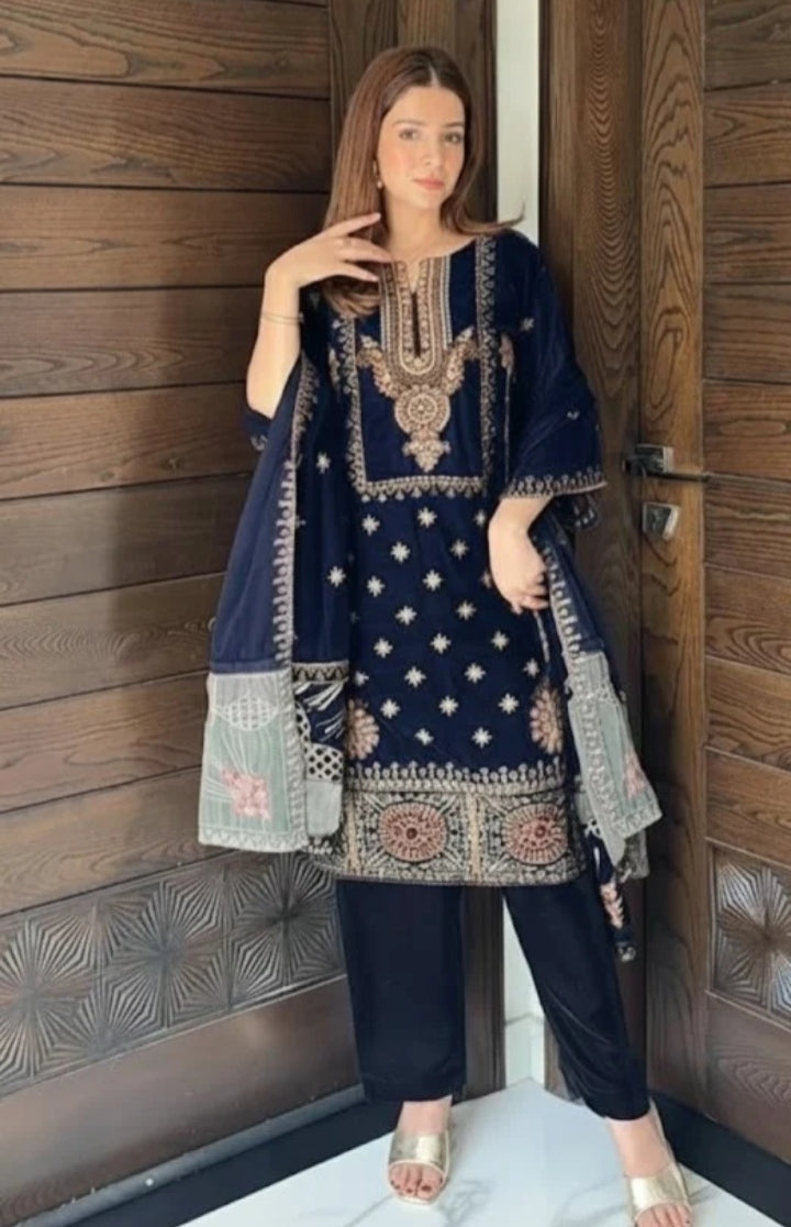 Marib Micro Velvet Embroided 3Pc Hit Code 01 Nevy Blue