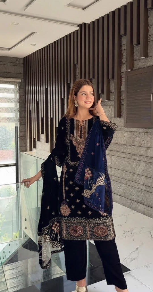 Marib Micro Velvet Embroided 3Pc Hit Code 01 Nevy Blue
