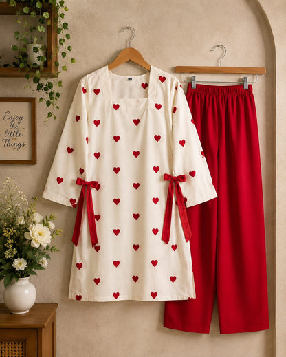 Premium Winter Linen 

 Red Cute Hearts Embroidered