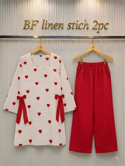 Premium Winter Linen 

 Red Cute Hearts Embroidered