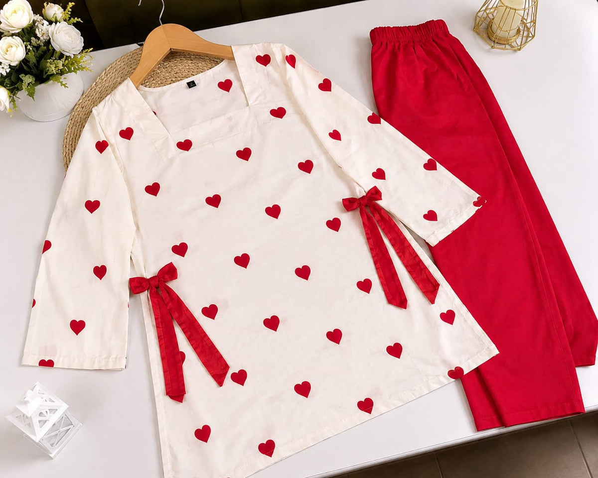 Premium Winter Linen 

 Red Cute Hearts Embroidered