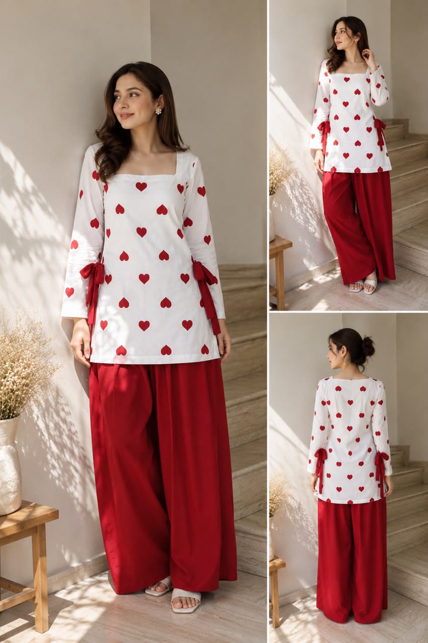 Premium Winter Linen 

 Red Cute Hearts Embroidered